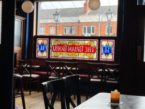'The Brian Boru' in stained glass, from inside the pub