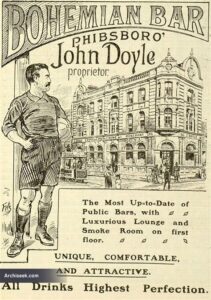 Bohemian Bar: Proprietor John Doyle; 19th century newspaper ad with footballer