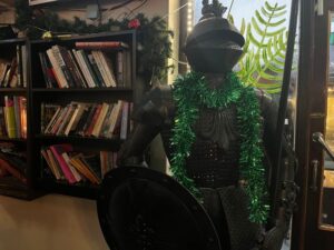 Suit of armour and books at Delaney's